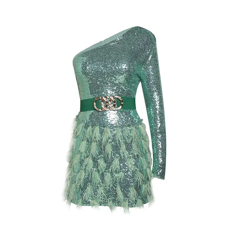ONE-SHOULDER  FEATHER SEQUINS MINI DRESS Gloria Lanvin