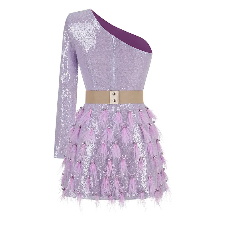 ONE-SHOULDER  FEATHER SEQUINS MINI DRESS Gloria Lanvin
