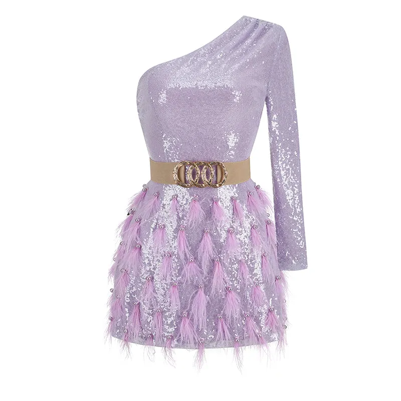 ONE-SHOULDER  FEATHER SEQUINS MINI DRESS Gloria Lanvin