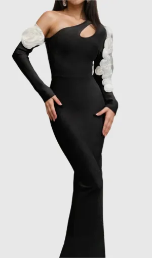 One Shoulder flower embellished Cutout Bandage Maxi Dress in black Gloria Lanvin