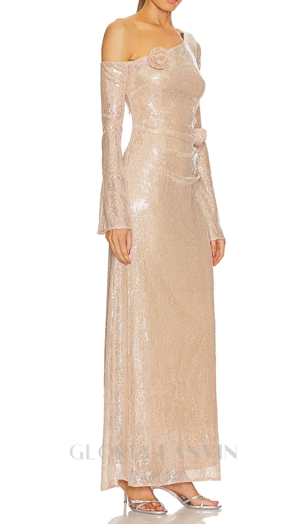 one-shoulder flower embellished sequin maxi dress in apricot Gloria Lanvin