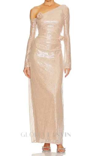 one-shoulder flower embellished sequin maxi dress in apricot Gloria Lanvin