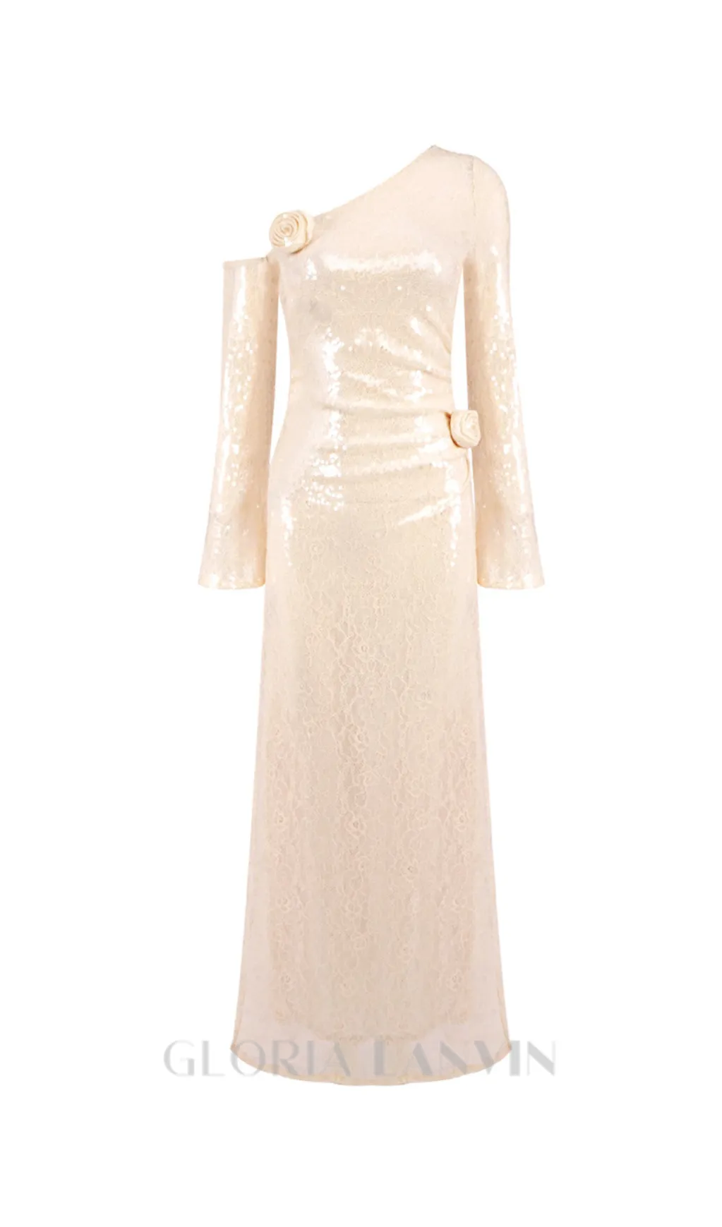 one-shoulder flower embellished sequin maxi dress in apricot Gloria Lanvin