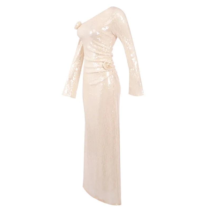 one-shoulder flower embellished sequin maxi dress in apricot Gloria Lanvin