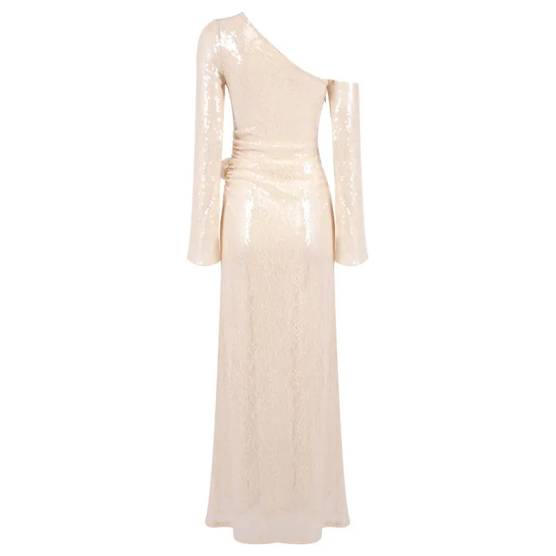 one-shoulder flower embellished sequin maxi dress in apricot Gloria Lanvin