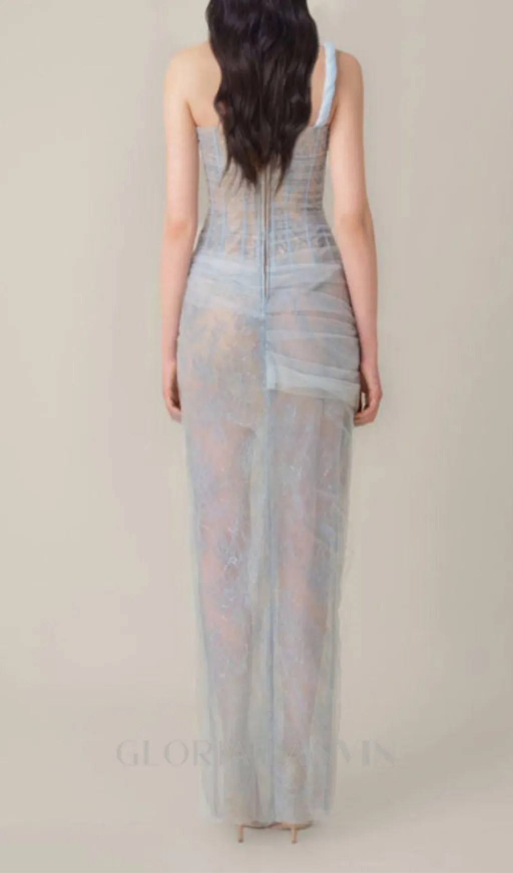 ONE SHOULDER MESH RUCHED MIDI DRESS IN BLUE Gloria Lanvin