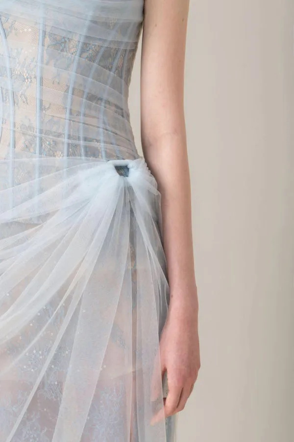 ONE SHOULDER MESH RUCHED MIDI DRESS IN BLUE Gloria Lanvin