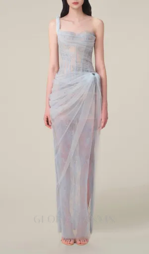ONE SHOULDER MESH RUCHED MIDI DRESS IN BLUE Gloria Lanvin