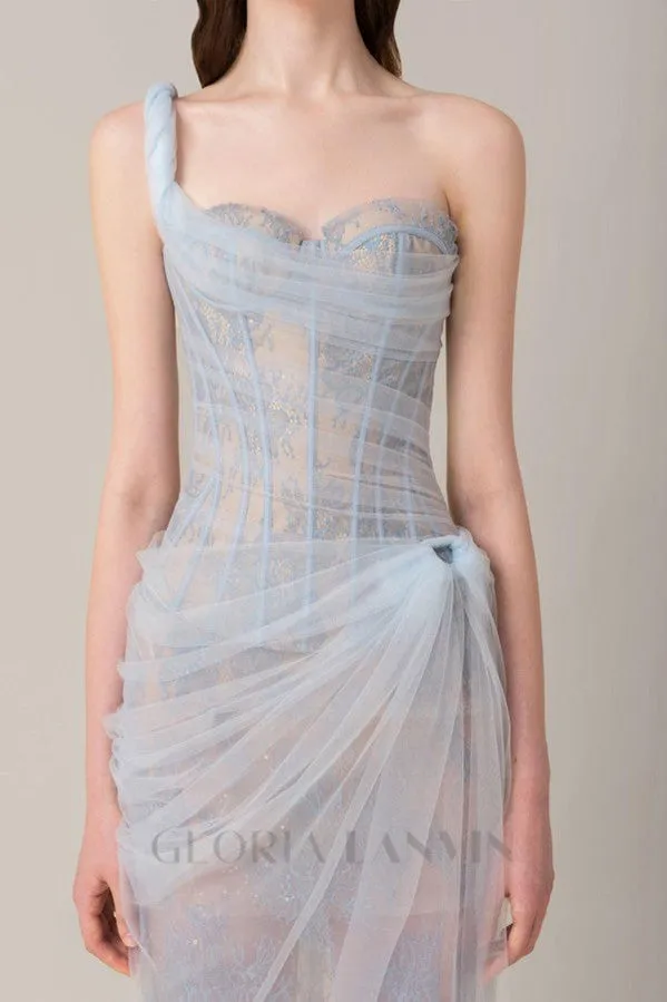 ONE SHOULDER MESH RUCHED MIDI DRESS IN BLUE Gloria Lanvin