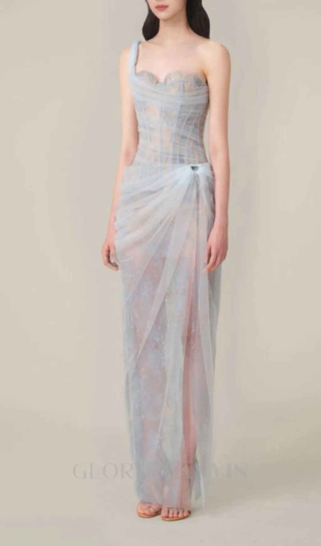 ONE SHOULDER MESH RUCHED MIDI DRESS IN BLUE Gloria Lanvin