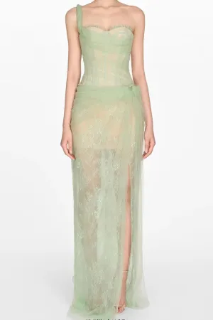 ONE SHOULDER MESH RUCHED MIDI DRESS IN GREEN Gloria Lanvin