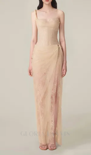 ONE SHOULDER MESH RUCHED MIDI DRESS IN PALE YELLOW Gloria Lanvin