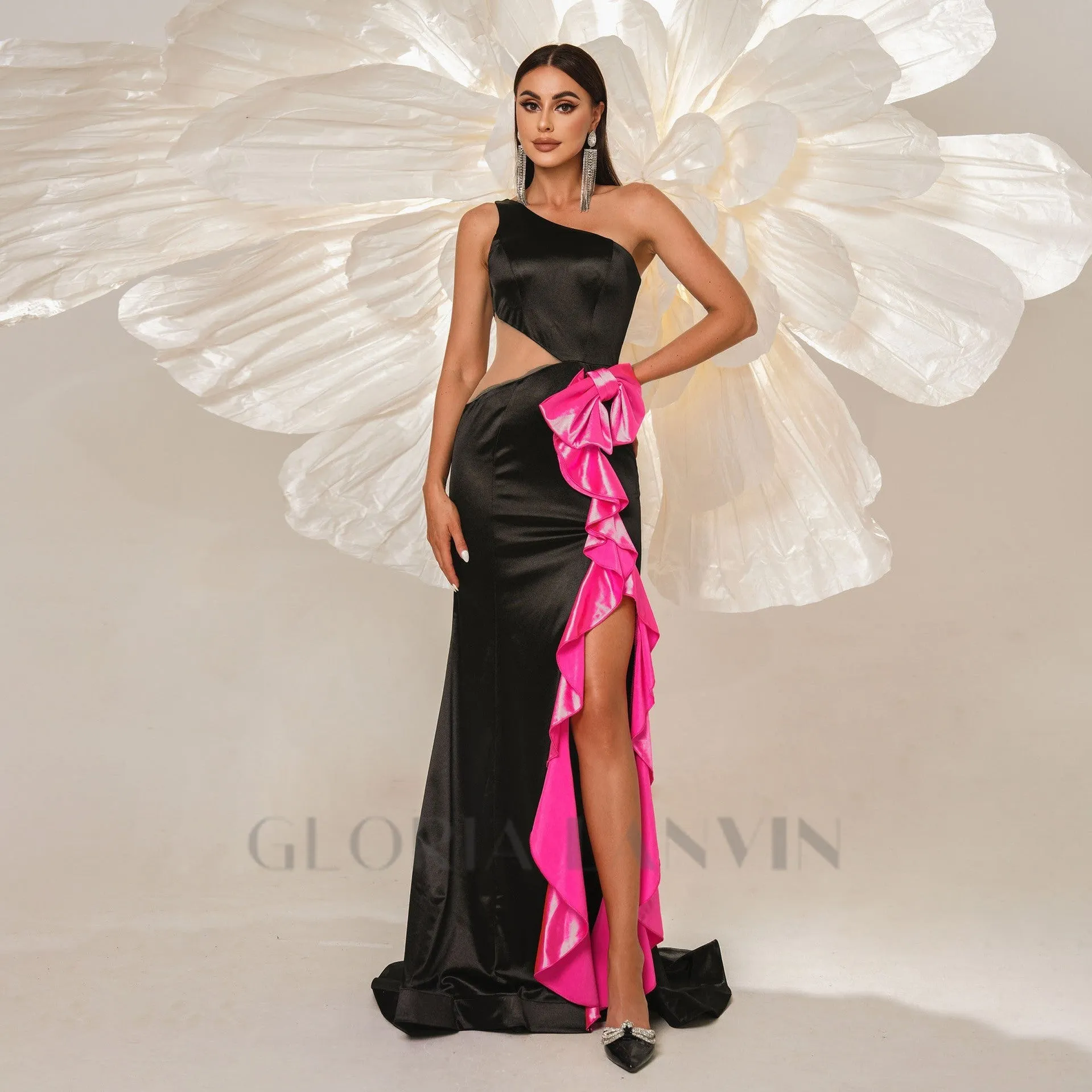 One Shoulder Ruffled Split Satin maxi Dress in black Gloria Lanvin