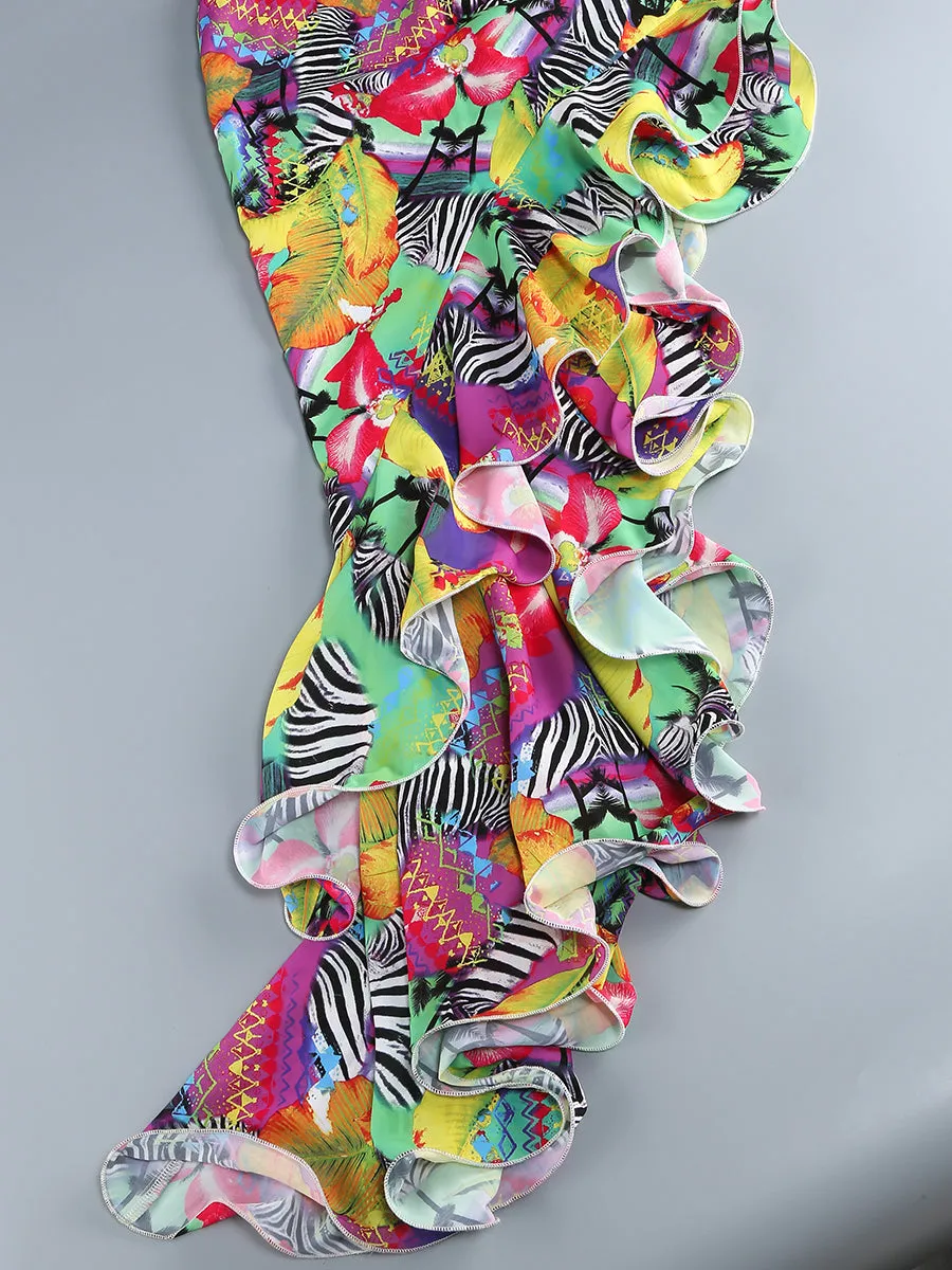 ONE SHOULDER RUFFLR TRIM PRINTED MAXI DRESS Gloria Lanvin