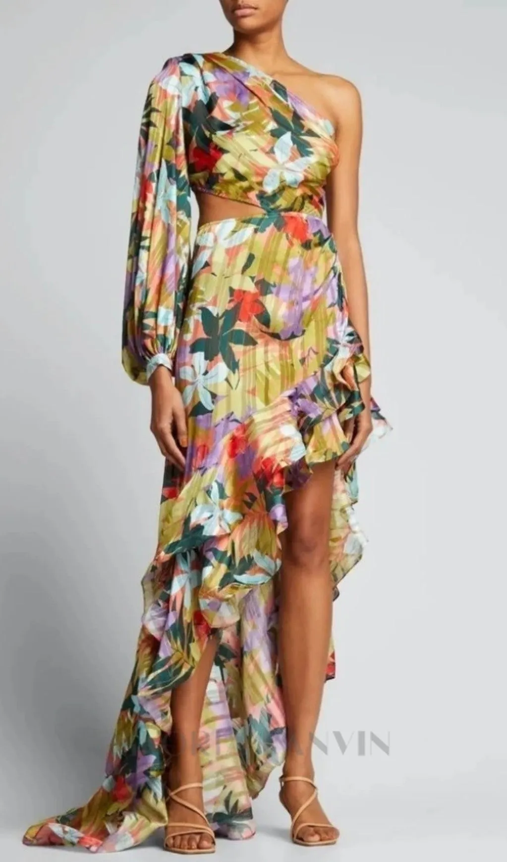 ONE SHOULDER RUFFLR TRIM PRINTED MAXI DRESS Gloria Lanvin