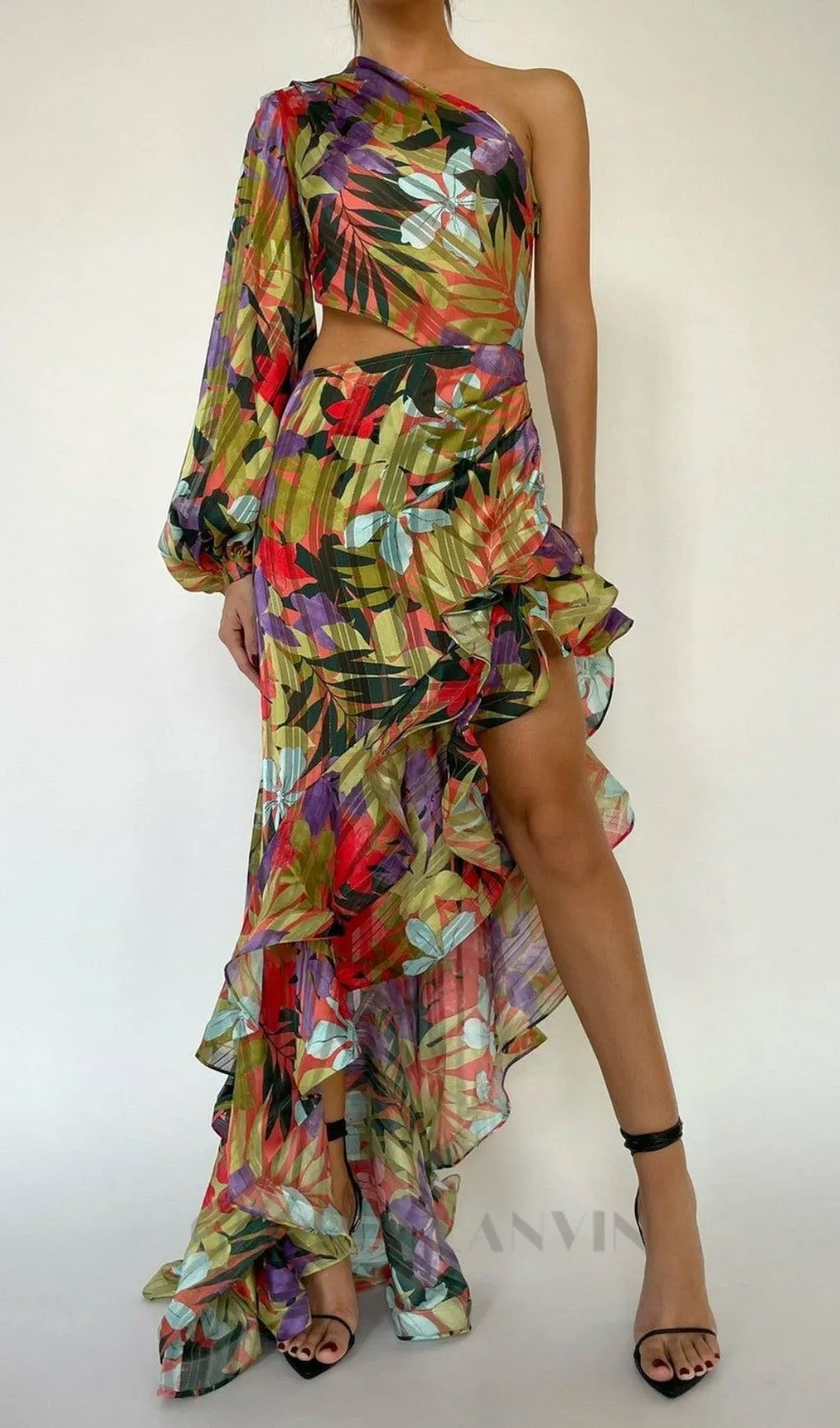 ONE SHOULDER RUFFLR TRIM PRINTED MAXI DRESS Gloria Lanvin