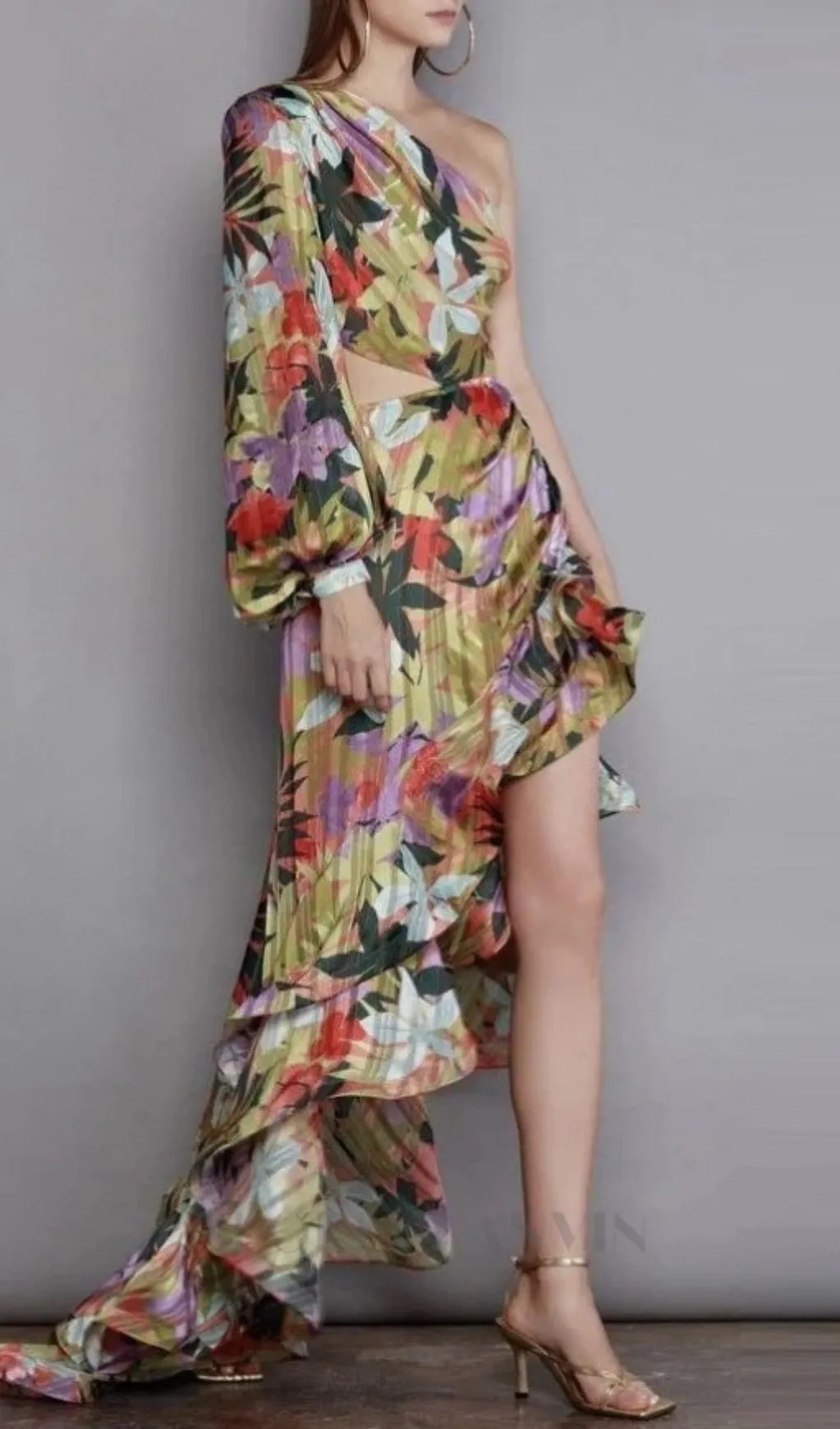 ONE SHOULDER RUFFLR TRIM PRINTED MAXI DRESS Gloria Lanvin