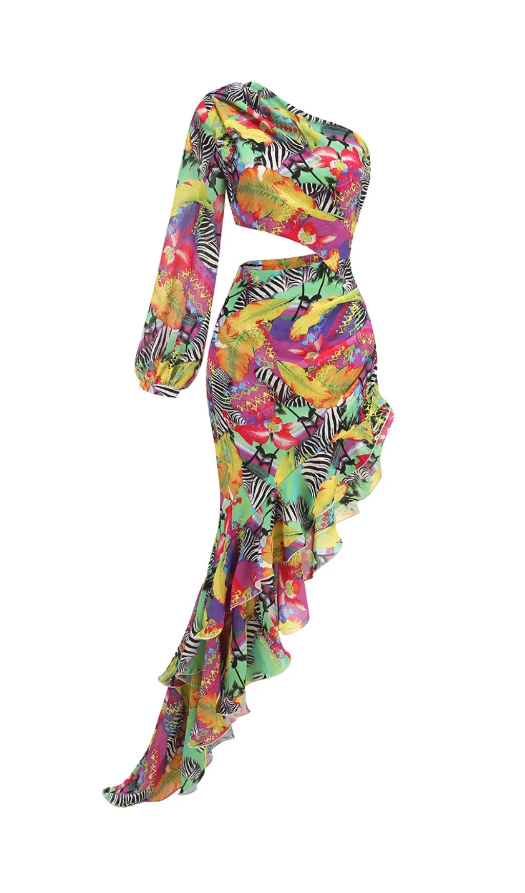ONE SHOULDER RUFFLR TRIM PRINTED MAXI DRESS Gloria Lanvin