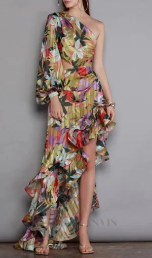 ONE SHOULDER RUFFLR TRIM PRINTED MAXI DRESS Gloria Lanvin