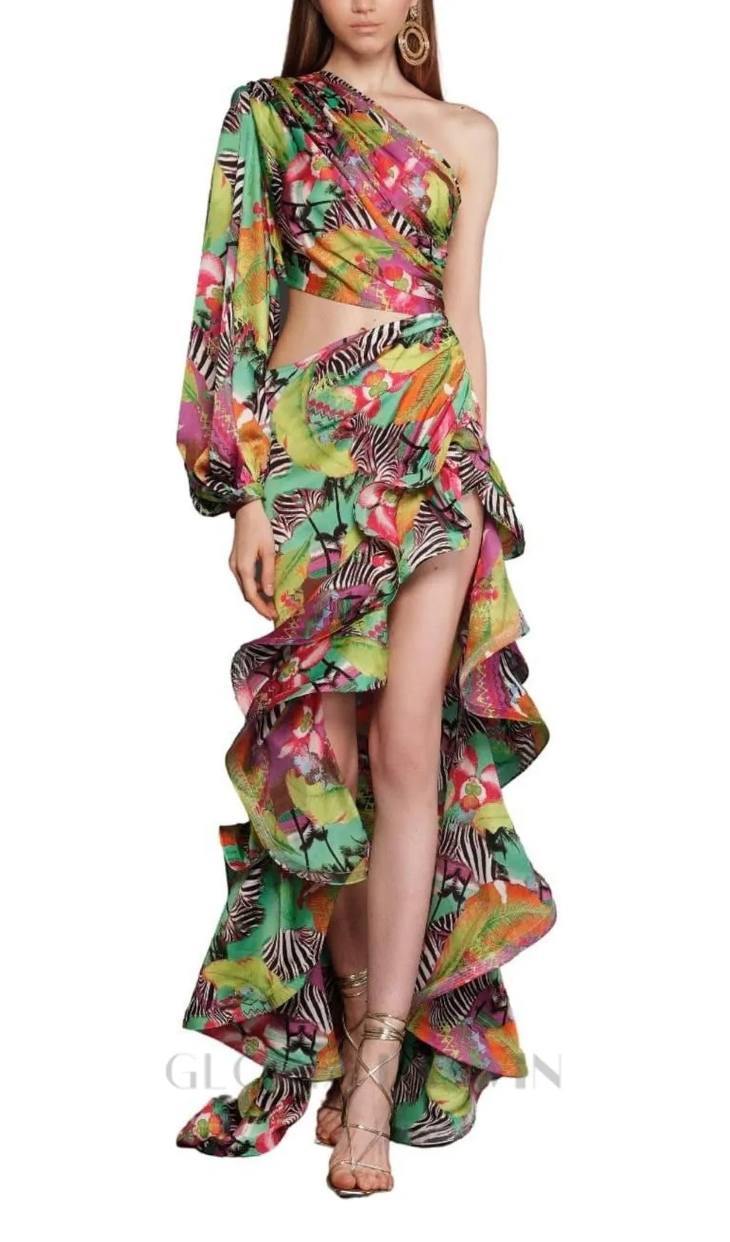 ONE SHOULDER RUFFLR TRIM PRINTED MAXI DRESS Gloria Lanvin