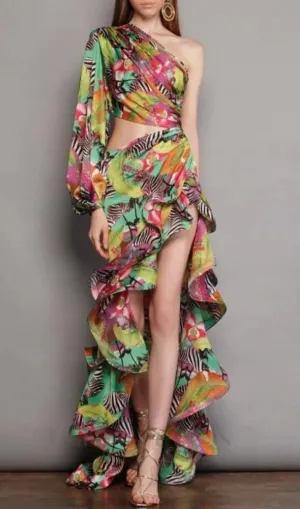 ONE SHOULDER RUFFLR TRIM PRINTED MAXI DRESS Gloria Lanvin