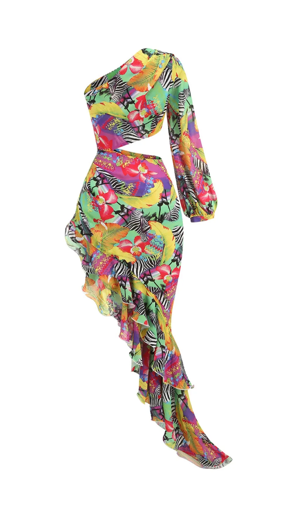 ONE SHOULDER RUFFLR TRIM PRINTED MAXI DRESS Gloria Lanvin