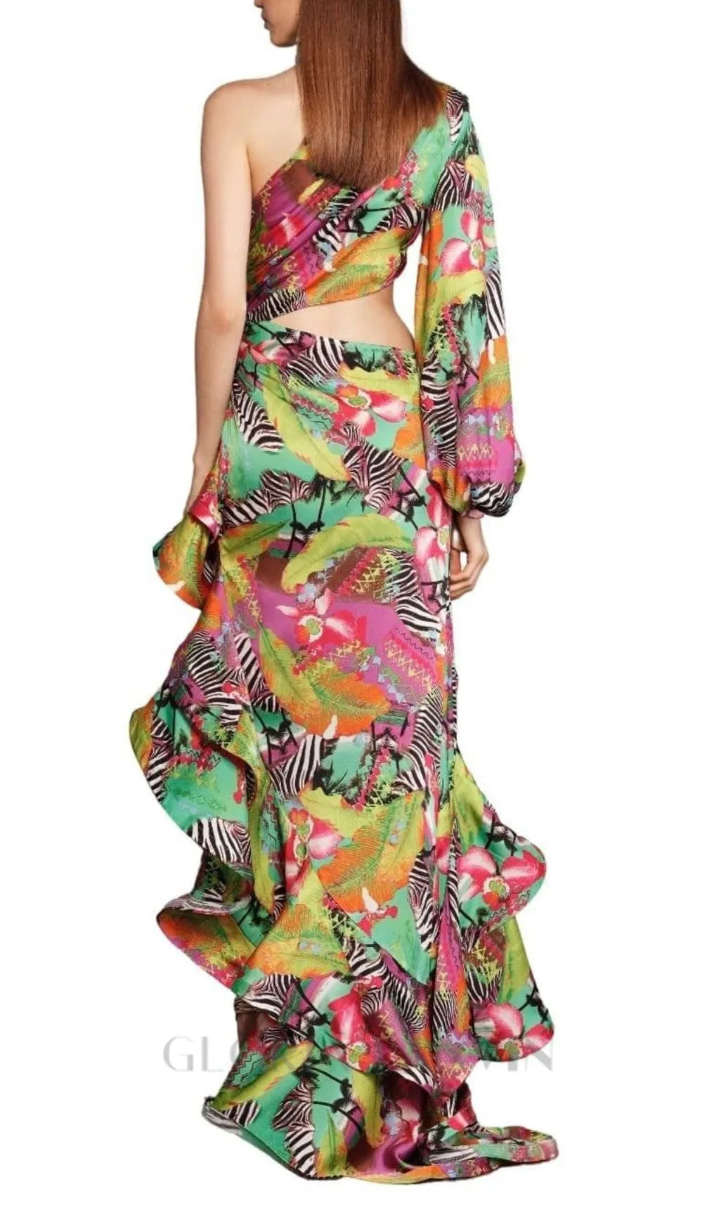 ONE SHOULDER RUFFLR TRIM PRINTED MAXI DRESS Gloria Lanvin