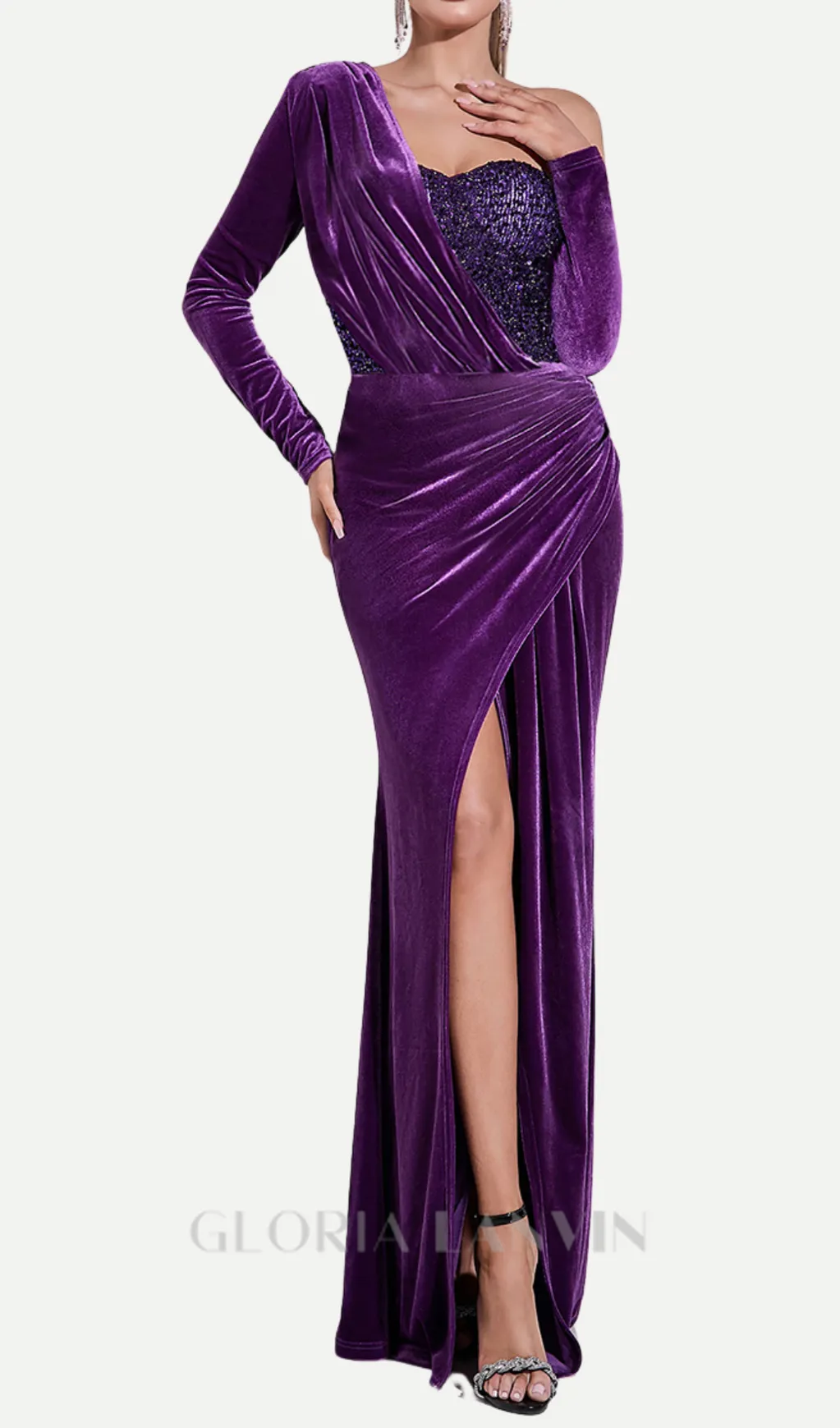 one shoulder sequin-embellished velvet maxi dress in purple Gloria Lanvin