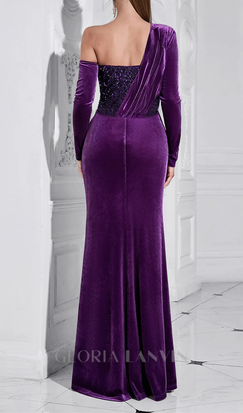 one shoulder sequin-embellished velvet maxi dress in purple Gloria Lanvin