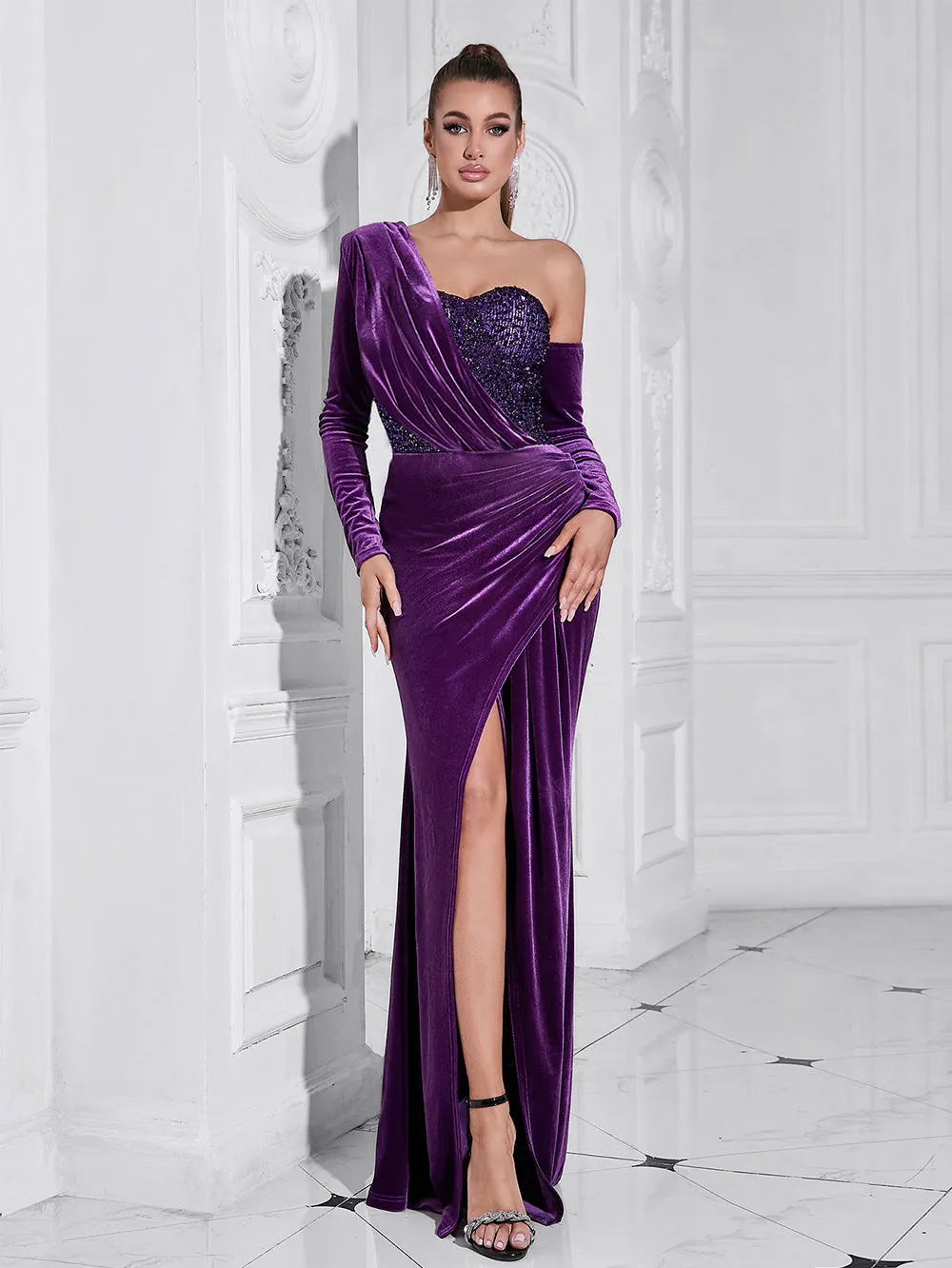 one shoulder sequin-embellished velvet maxi dress in purple Gloria Lanvin