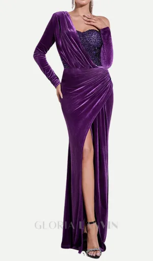 one shoulder sequin-embellished velvet maxi dress in purple Gloria Lanvin