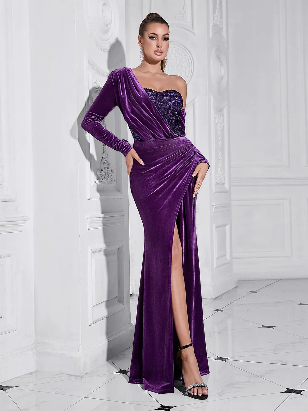 one shoulder sequin-embellished velvet maxi dress in purple Gloria Lanvin