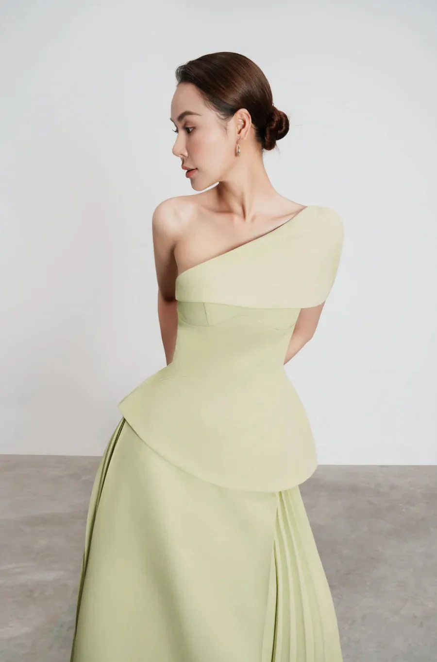 One Shoulder Top Flare Midi Skirt suit in Olive Green Gloria Lanvin