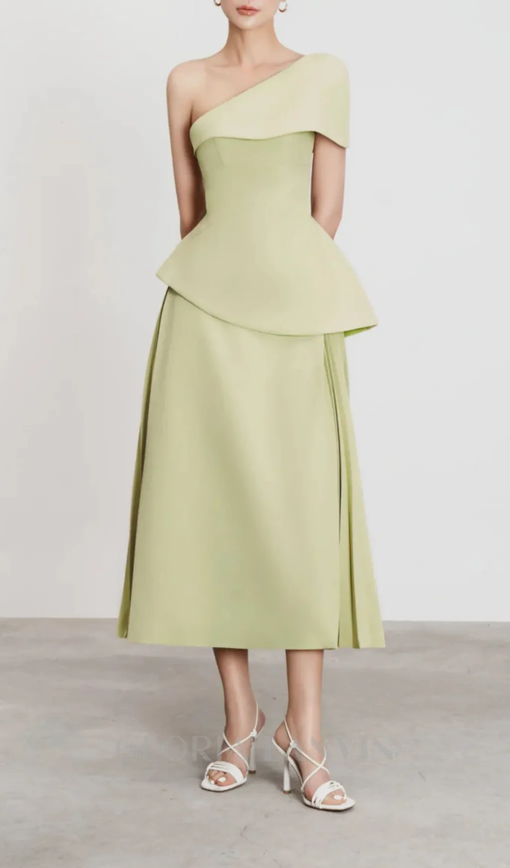 One Shoulder Top Flare Midi Skirt suit in Olive Green Gloria Lanvin