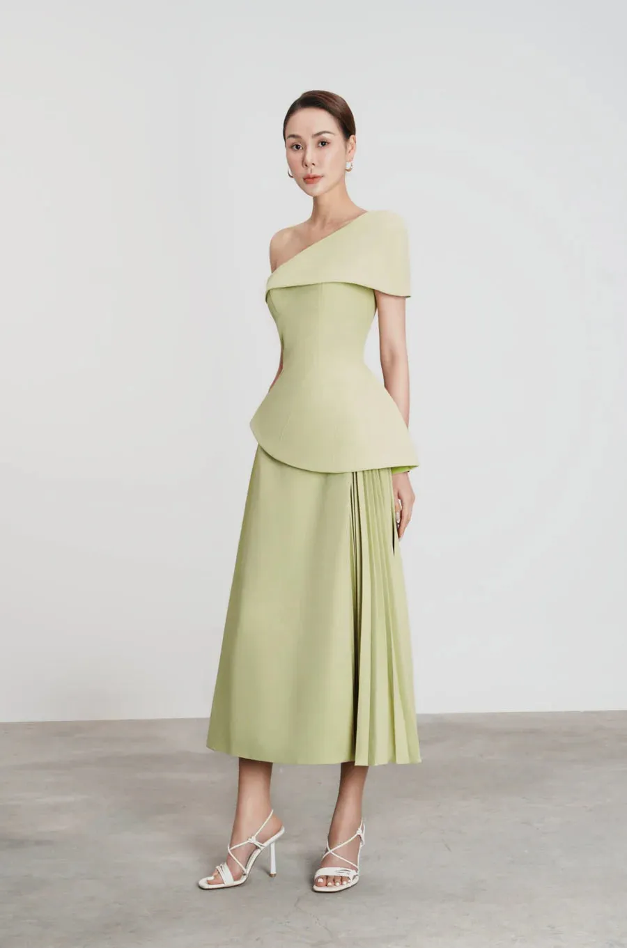 One Shoulder Top Flare Midi Skirt suit in Olive Green Gloria Lanvin