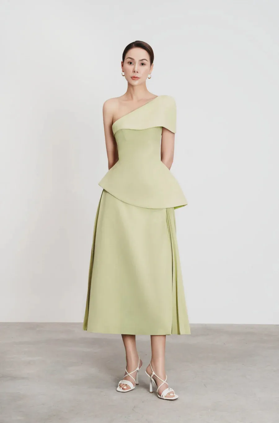 One Shoulder Top Flare Midi Skirt suit in Olive Green Gloria Lanvin