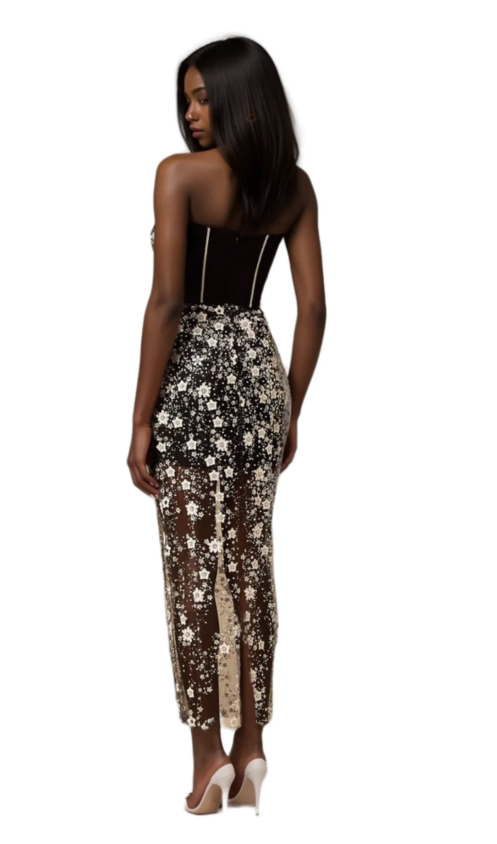 Ophlie black sequined flower corset midi dress Gloria Lanvin
