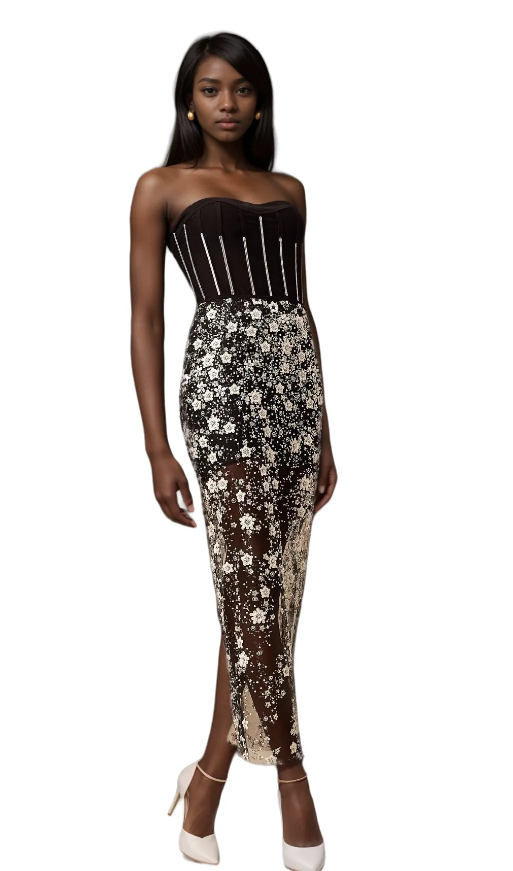 Ophlie black sequined flower corset midi dress Gloria Lanvin