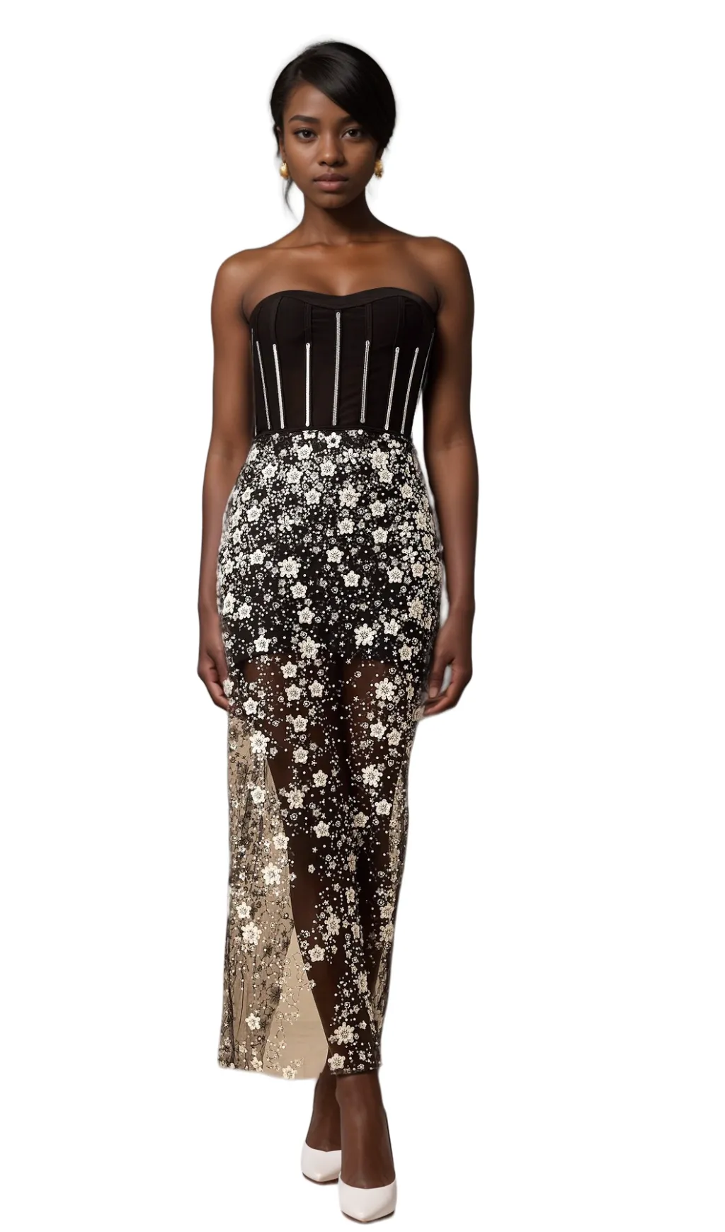 Ophlie black sequined flower corset midi dress Gloria Lanvin