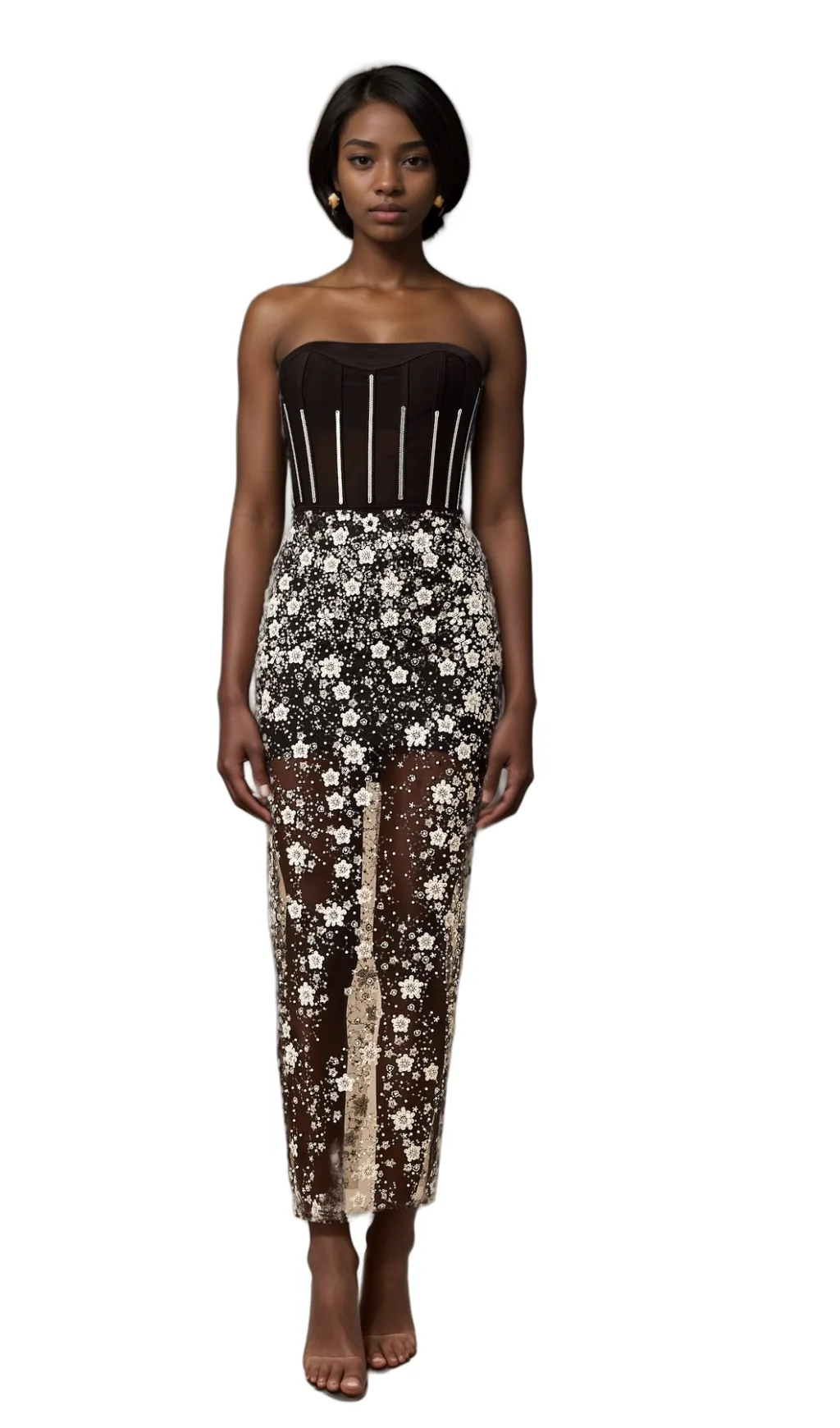 Ophlie black sequined flower corset midi dress Gloria Lanvin