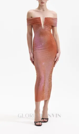 ORANGE CRYSTAL-EMBELLISHED BODYCON MIDI DRESS Gloria Lanvin