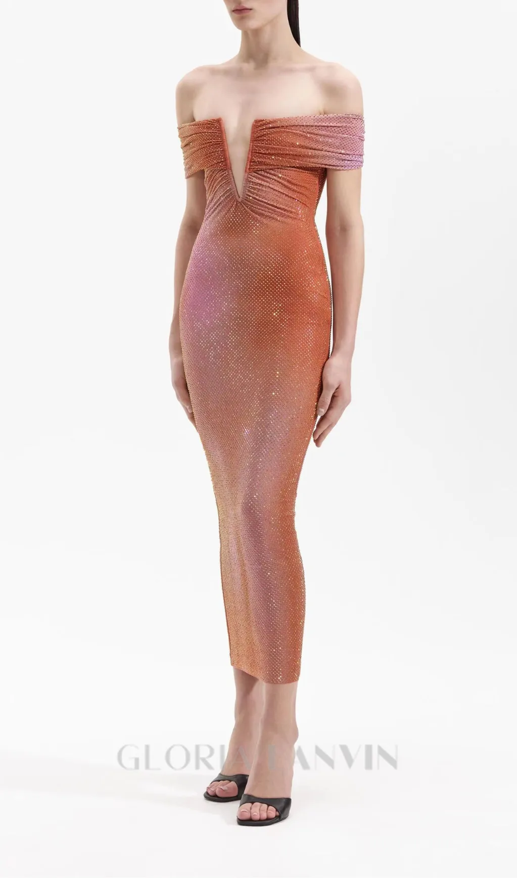 ORANGE CRYSTAL-EMBELLISHED BODYCON MIDI DRESS Gloria Lanvin