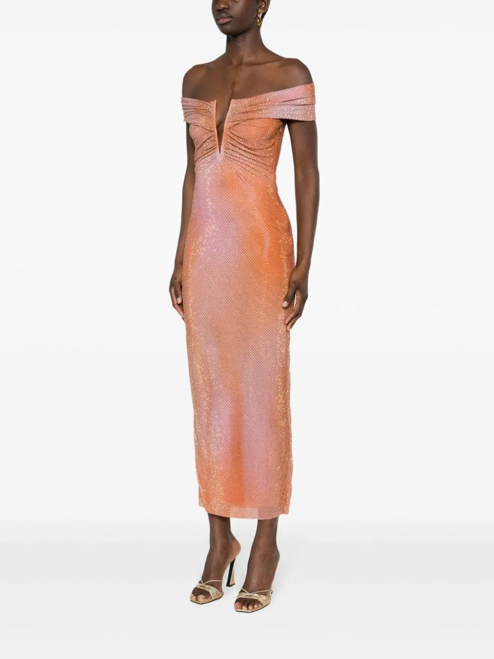 ORANGE CRYSTAL-EMBELLISHED BODYCON MIDI DRESS Gloria Lanvin