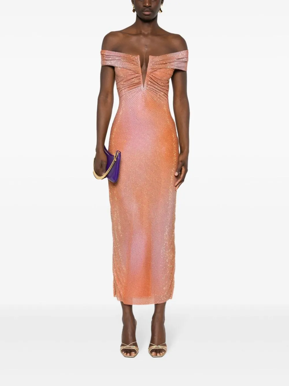 ORANGE CRYSTAL-EMBELLISHED BODYCON MIDI DRESS Gloria Lanvin
