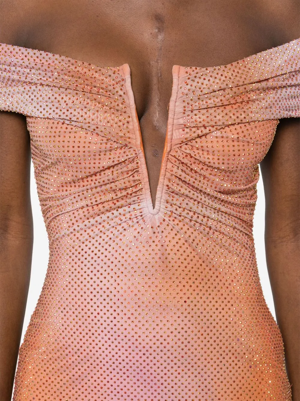 ORANGE CRYSTAL-EMBELLISHED BODYCON MIDI DRESS Gloria Lanvin