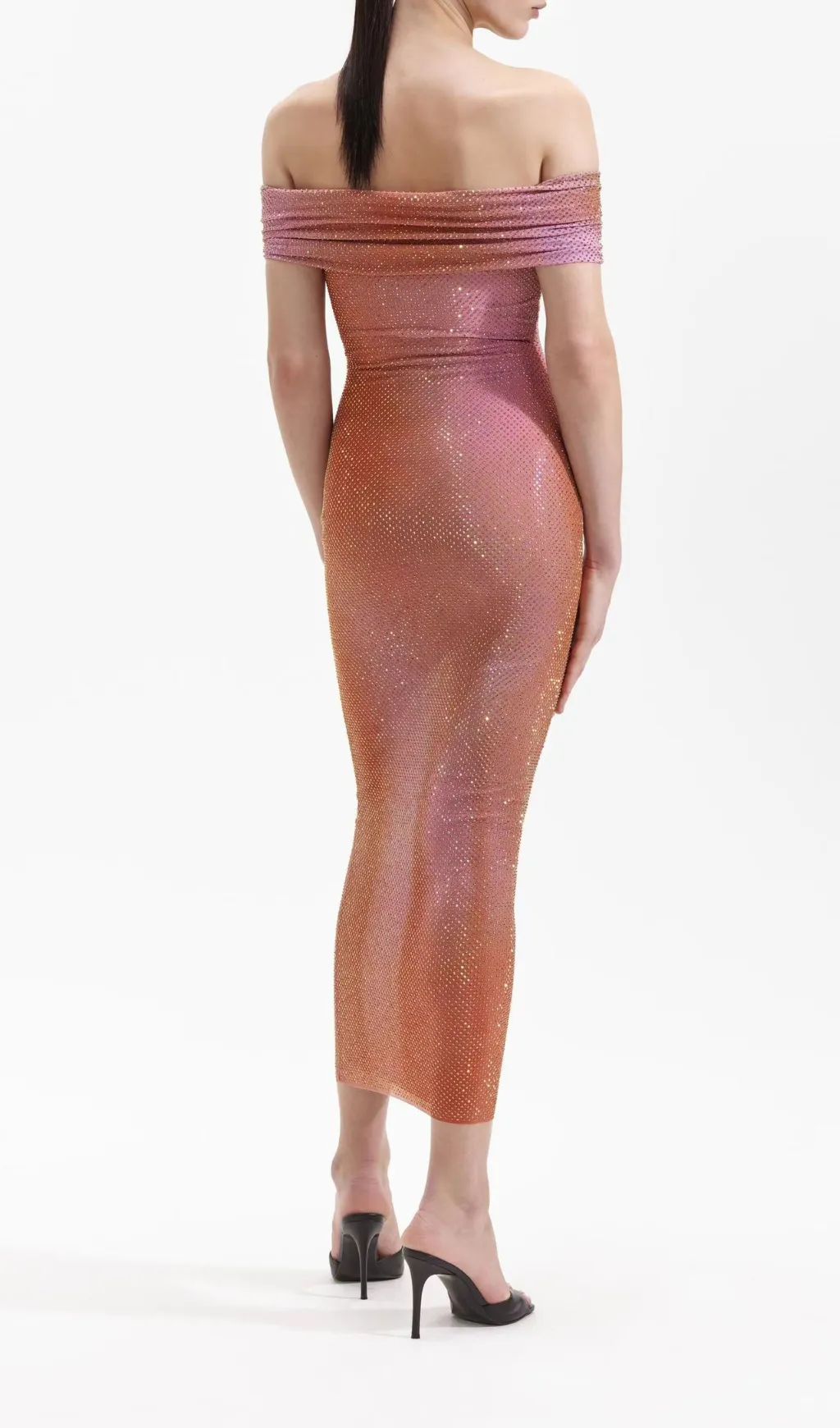 ORANGE CRYSTAL-EMBELLISHED BODYCON MIDI DRESS Gloria Lanvin