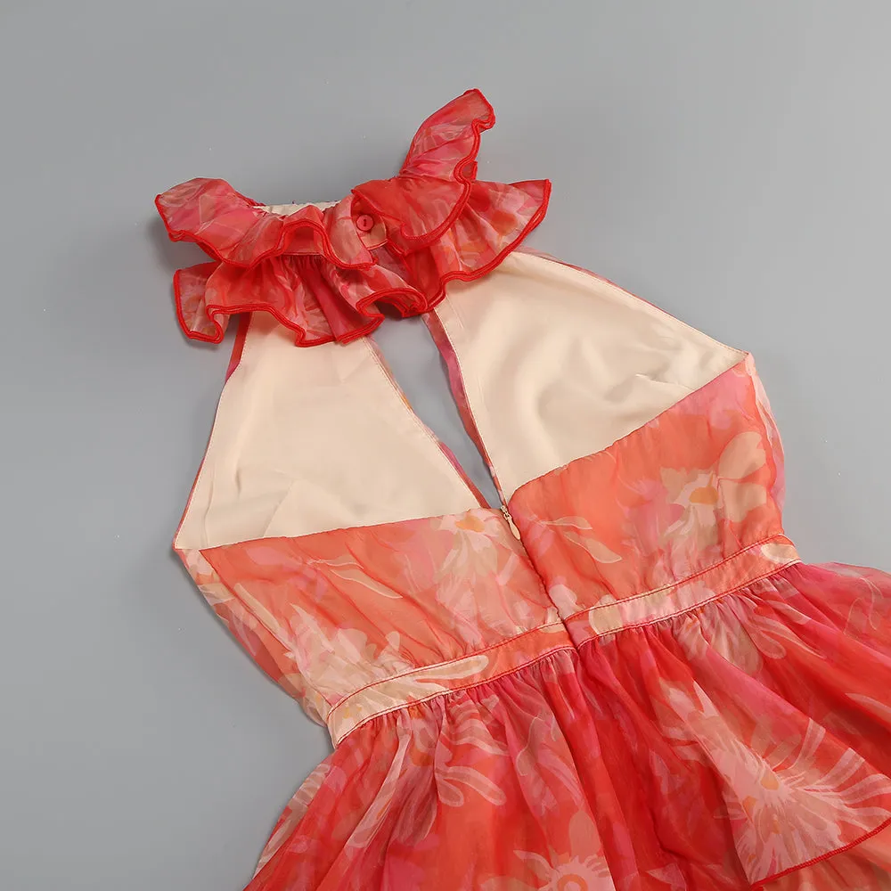 ORANGE FLORAL PRINTED SHEEVELESS HALTER MAXI DRESS Gloria Lanvin