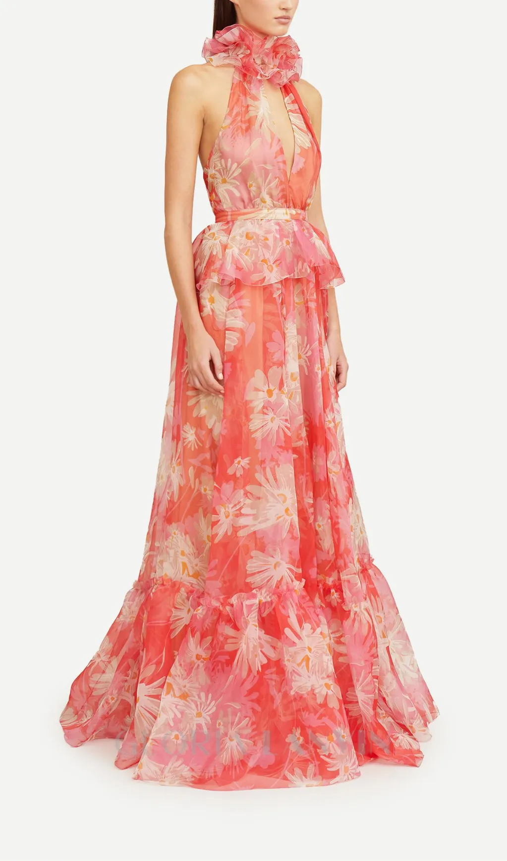 ORANGE FLORAL PRINTED SHEEVELESS HALTER MAXI DRESS Gloria Lanvin