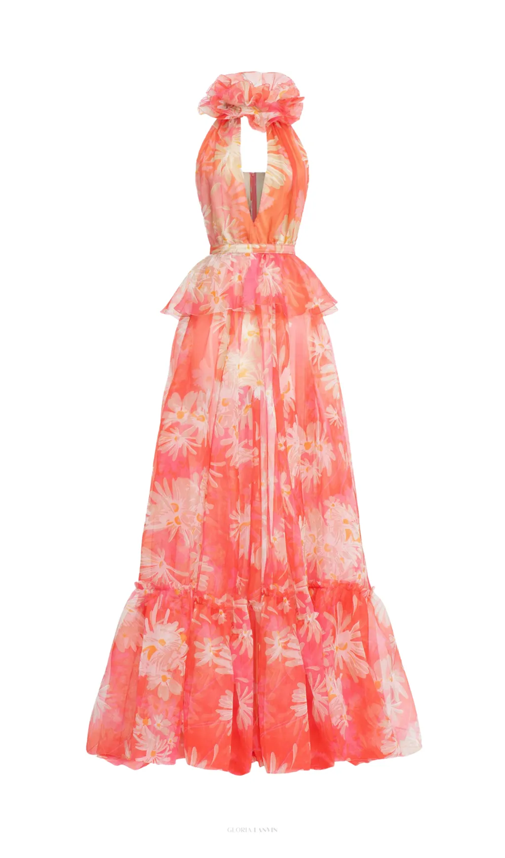 ORANGE FLORAL PRINTED SHEEVELESS HALTER MAXI DRESS Gloria Lanvin