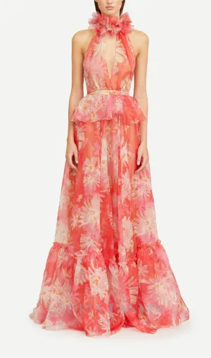 ORANGE FLORAL PRINTED SHEEVELESS HALTER MAXI DRESS Gloria Lanvin